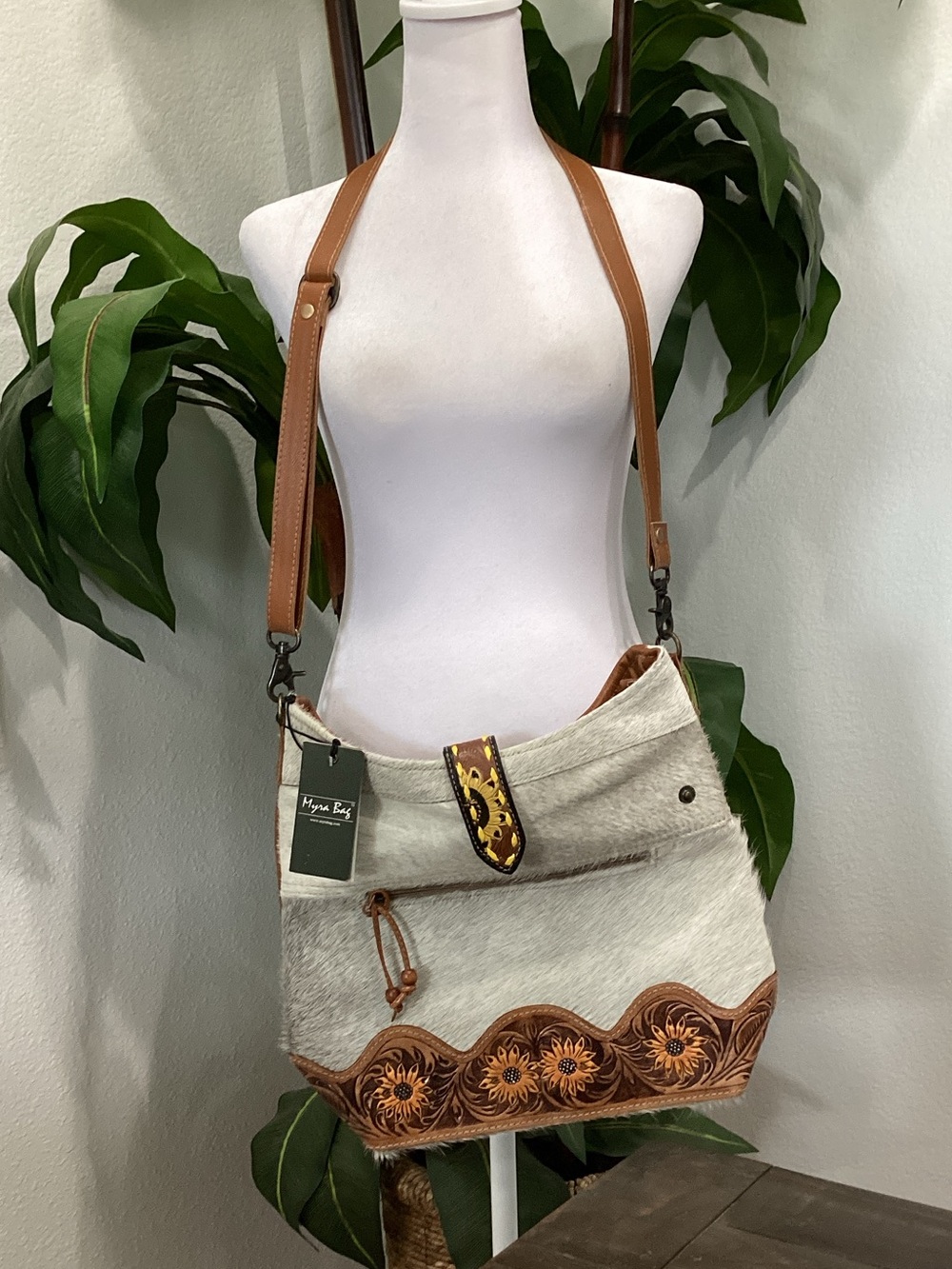 Myra Bag Cream & Brown Leather-Trim Shoulder Bag with Floral Tooled Accent